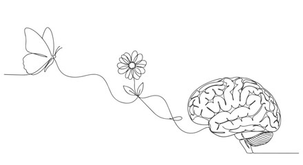 An elegant one continuous line drawing presenting a human brain linked to a delicate flower and a butterfly, portraying the single, intricate connection between mind, nature, and growth