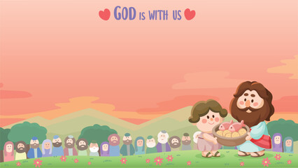 Cartoon Jesus illustration, Jesus and the miracle of five loaves and two fishes, cute children's Bible story background