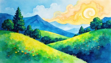 Abstract Watercolor Landscape with Vibrant Hues and Bold Strokes Abstract watercolor landscape painting, vibrant colors, bold brushstrokes, swirling textures, no people