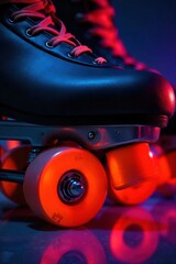 Close up of Roller Skate Wheels with Vibrant Neon Light Reflections Extreme close up macro shot of shiny, colorful roller skate wheels, with intense, vibrant neon light reflections swirling across