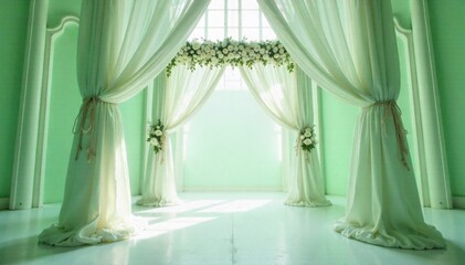 The Altar s Embrace A Serene Scene of Delicate White Drapery and Subtle Greenery Adorning a Wedding Altar Space A wide shot of a wedding altar area, featuring softly draped, flowing white fabric