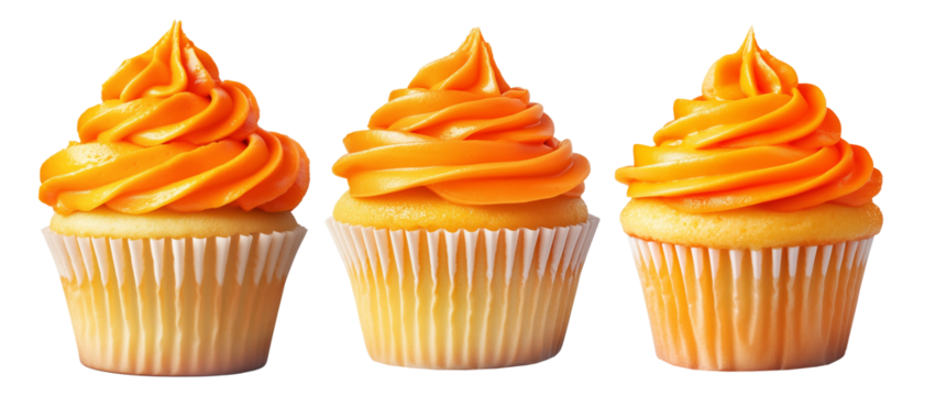 Cupcake with orange swirl frosting, isolated on white transparent background. Concept of dessert or celebration