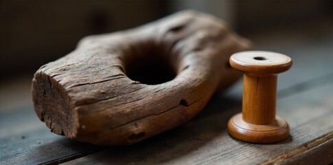 Assorted Wooden Textures and Objects An overhead flat lay arrangement of diverse brown wooden objects a smooth, polished wooden bowl, a rough hewn piece of driftwood, a stack of small wooden blocks