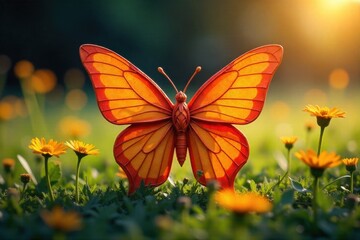 Origami Butterfly in a Sunlit Meadow An origami butterfly with detailed folds, sitting in a sun drenched meadow of wildflowers. Emphasize the natural light and vibrant colors.