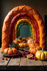Autumnal rainbow arching over a bountiful Thanksgiving harvest spread, no people present. A vibrant, full spectrum rainbow arches gracefully over a rustic wooden table overflowing with a bountiful