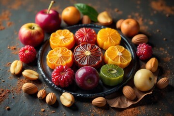 Exotic Paste Sweet Ingredients A still life composition featuring raw ingredients like dried fruits, nuts, and spices alongside finished exotic paste sweets. The arrangement is on a textured, earthy