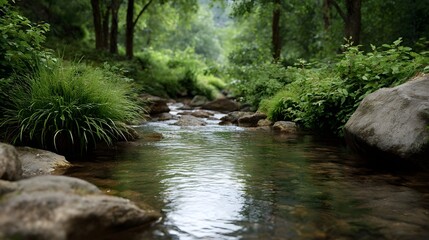 Fototapeta premium Serene forest stream with lush vegetation and gentle reflections flowing over rocks under d d sunlight