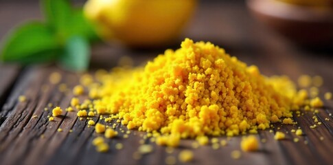 Sun kissed lemon zest and chili flakes scattered on a rustic wooden surface, evoking vibrant citrus spice. Close up, overhead view of bright yellow lemon zest and deep red chili flakes scattered