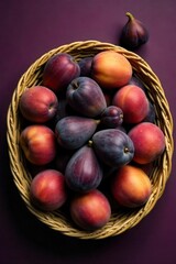 Hand picked selection of premium dried fruits, meticulously arranged in a rustic basket, highlighting quality and natural sweetness. An overhead, close up shot of a rustic woven basket filled with a
