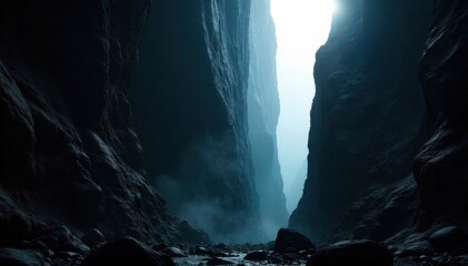 A narrow, jagged chasm in rocky terrain, with swirling mist at the bottom suggesting a perilous drop. A very narrow, deep chasm carved into rugged, dark rock formations. Swirling, thick mist fills the