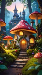 Whimsical mushroom house nestled in a vibrant forest, with a distant castle and enchanting flora around