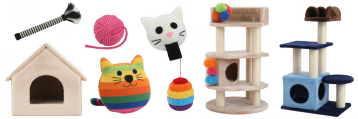 Cat toys and furniture isolated on a transparent background