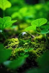 Global Forest Resilience Earth Handheld by Lush Greenery A detailed, macro photograph of a small, perfectly spherical earth model gently held within the interwoven, vibrant green leaves and moss of a