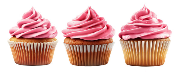 Cupcake topped with swirled pink frosting isolated on white transparent background. Concept of dessert, sweetness