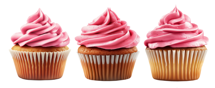 Cupcake topped with swirled pink frosting isolated on white transparent background. Concept of dessert, sweetness - Powered by Adobe