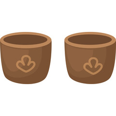 Two Small Brown Clay Pots With Embossed Leaf Designs Set Against A Transparent Background