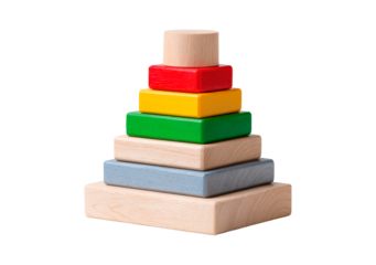 Colorful wooden stacking toy for child development and learning activities on transparent background