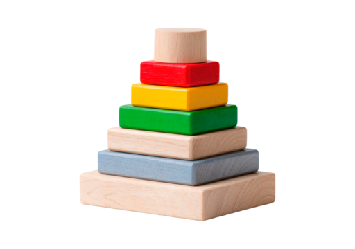 Colorful wooden stacking toy for child development and learning activities on transparent background