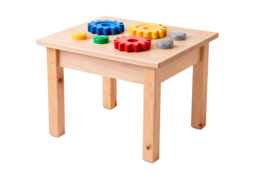Wooden educational toy table with colorful gears for early learning and development on transparent background - Powered by Adobe