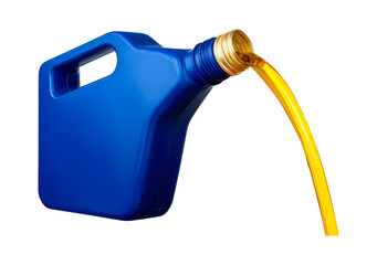 Pouring motor oil from blue plastic container on transparent background