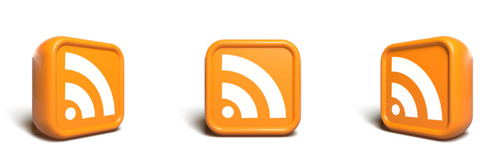 Glossy orange rss feed icon with shadow. 3d rendering