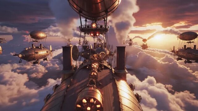 Steampunk Airships Soaring Through a Cloudscape at Sunset.