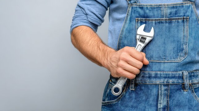 Person in denim overalls holds a wrench against a grey background.