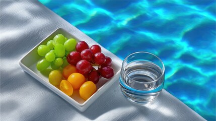 A Refreshing Poolside Breakfast Featuring A Plate Of Fresh Green And Red Grapes With Cherry Tomatoes Next To A Glass Of Water With Rippling Blue Water In The Background
