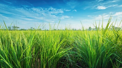 Fototapeta premium Vibrant green grasses flourish under a bright blue sky in an open field.