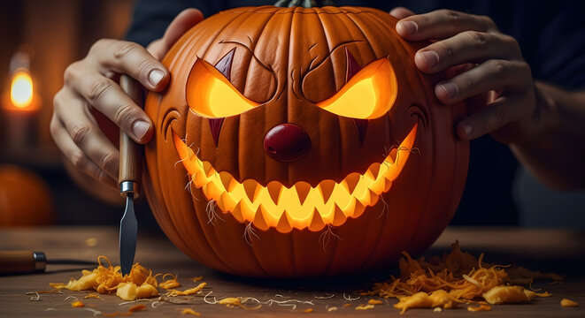 Person carving a scary glowing jack-o'-lantern pumpkin for Halloween decoration.