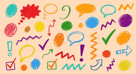 Collection of colorful hand drawn speech bubbles checkmarks arrows and scribbles on a light background