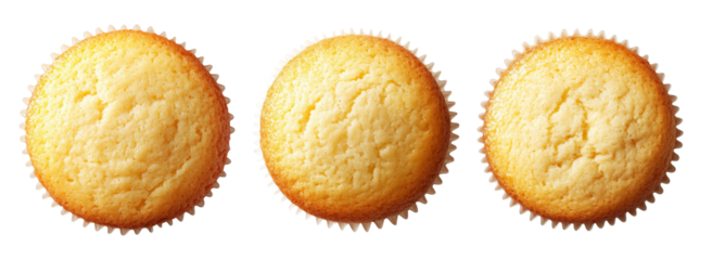 Golden vanilla cupcake in a paper liner, isolated on white transparent background, concept of homemade baking treat