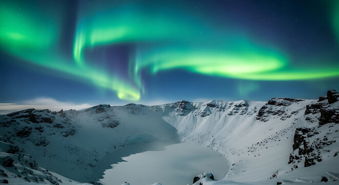 Vibrant aurora borealis dances above snowy icelandic landscape