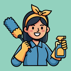 Happy cartoon woman with cleaning supplies, duster, and spray bottle, ready to clean