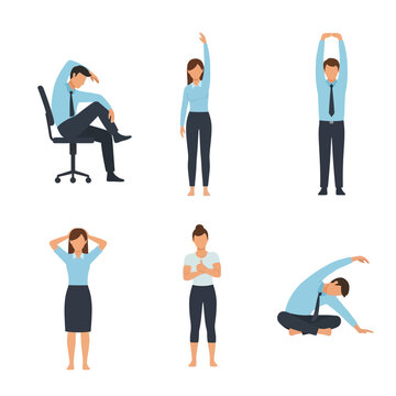 Collection of office workers, men and women, performing stretching exercises at the workplace for health and wellness.