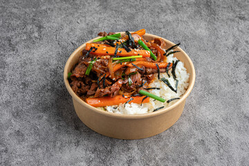 Japanese Beef and Vegetable Stir-fry Donburi in Takeout Bowl