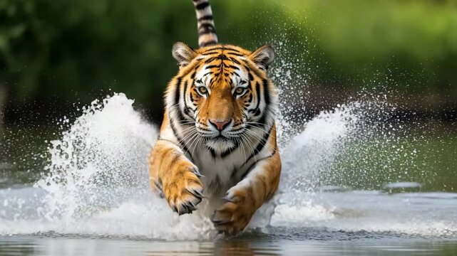 Bengal Tiger Running Through Water Creating Splashes and Spray splashing