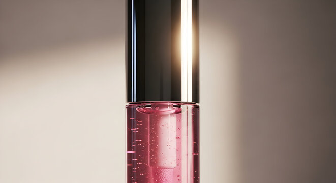 Shiny pink lip gloss tube standing vertically on neutral background representing cosmetic product beauty glamour and modern fashion design