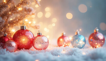 Luxury Christmas Banner with Red, White, and Blue Glass Ornaments Reflecting Golden Light on Smooth Gradient Background