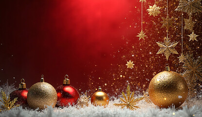 Modern Luxury Christmas Design with Red Velvet Background, Metallic Gold USA Flag Texture, Crystal Ornaments, and Soft Snow Overlay