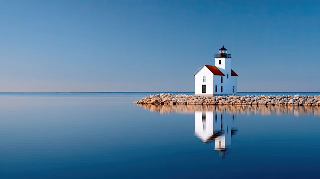 Classic White Lighthouse With Red Roof Stands On A Rocky Shoreline With Calm Blue Water Reflecting The Structure Under A Clear Sky