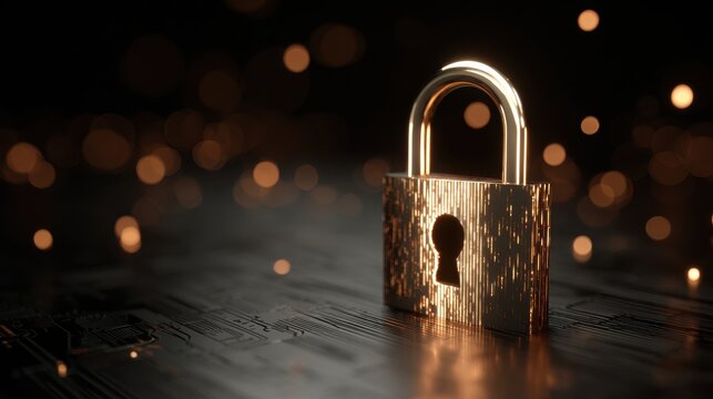 Digital padlock shines on circuit board background with floating glowing data particles highlighting cyber security themes