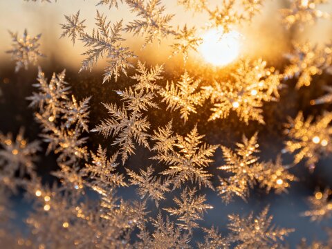 Golden frost crystals on windowpane illuminated by sunlight