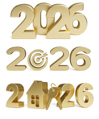 Golden year numbers 2026 with target icon, home icon isolated on white background, Happy new year with start new business goal concept, development to achieve goals and success, 3d render