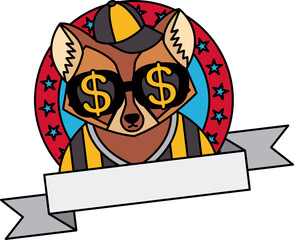 logotype of A raccoon wearing dollar sign sunglasses