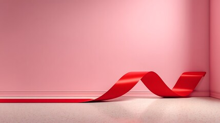 Soft pastel pink wall transitioning into white floor with a gently curled red ribbon, minimalist elegant background with wide blank area suitable for presentation, branding, or typography.