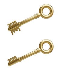 golden key with 2026 isolated on white background, key performance indicator and business achievement goal concept. 3d render