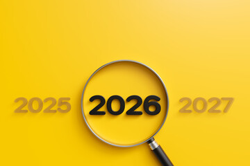 2026 year inside of magnifier glass on yellow background, for focus and concentrate of new business year concept. 3d render
