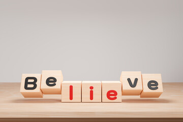 Flipping Wooden cube block for change lie to believe to change the different words , news and social media concept. 3d render