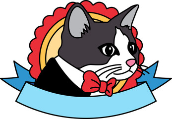 logotype of A cat wearing a suit and tie with a red bow tie